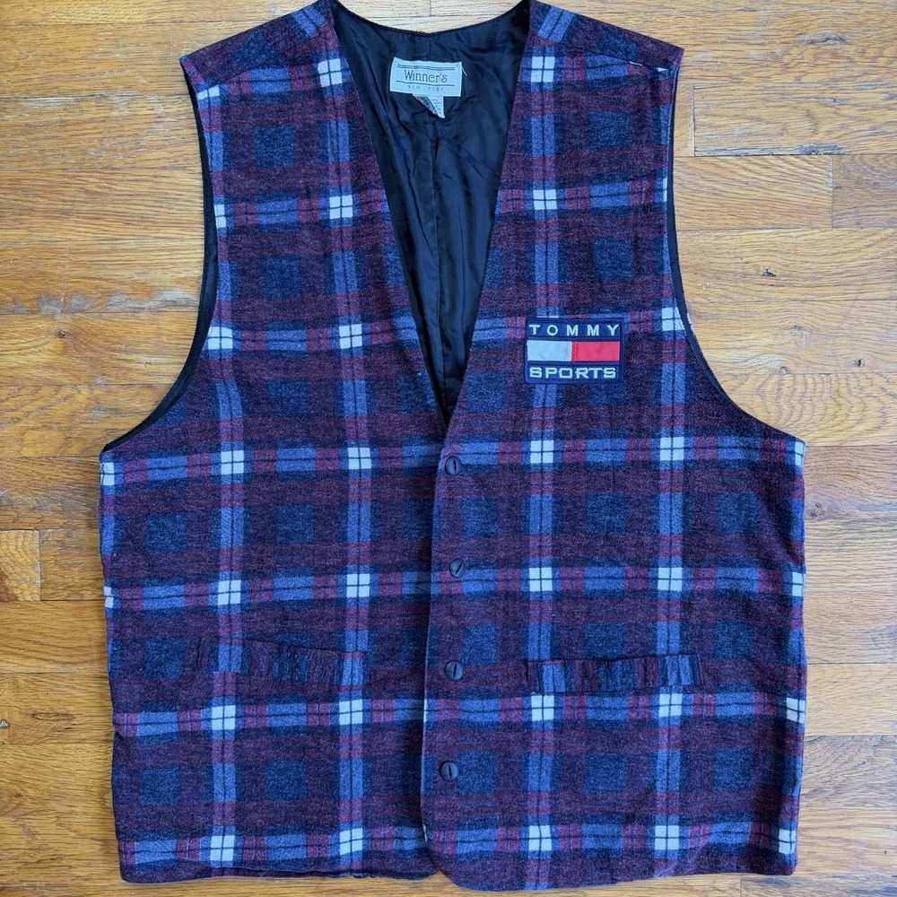 Vtg Tommy Hilfiger Vest Men Red Blue Plaid Wool Flannel Button Up Winner's NY